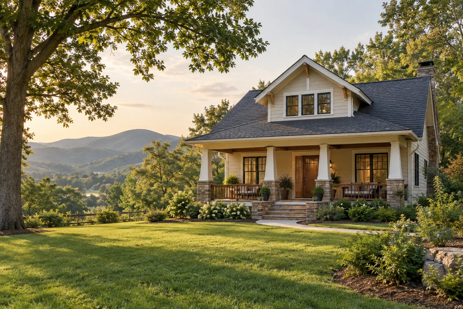 Illustrative Tennessee-style home with a front porch, mature trees and wooded foothills